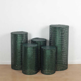 Add a Touch of Elegance with Hunter Emerald Green Sequin Mesh Cylinder Pedestal Covers