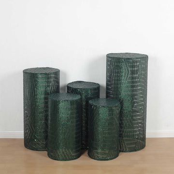 Set of 5 Hunter Emerald Green Sequin Mesh Cylinder Pedestal Pillar Prop Covers with Geometric Pattern Embroidery, Sparkly Sheer Tulle Display Box Stand Covers