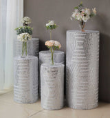 Set of 5 Silver Sequin Mesh Cylinder Pedestal Pillar Prop Covers with Geometric Pattern