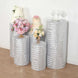 Set of 5 Silver Sequin Mesh Cylinder Pedestal Pillar Prop Covers with Geometric Pattern