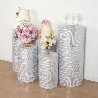 Create a Memorable Celebration with Silver Sequin Mesh Cylinder Pedestal Prop Covers