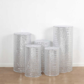 Add Glamour to Your Event Decor with Silver Sequin Mesh Cylinder Pedestal Covers
