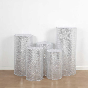 Set of 5 Silver Sequin Mesh Cylinder Pedestal Pillar Prop Covers with Geometric Pattern Embroidery, Sparkly Sheer Tulle Display Box Stand Covers