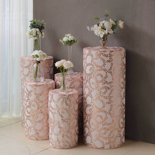 Timeless Elegance with Rose Gold Sequin Mesh Cylinder Pedestal Pillar Prop Covers Timeless Elegance with Rose Gold Sequin Mesh Cylinder Pedestal Pillar Prop Covers