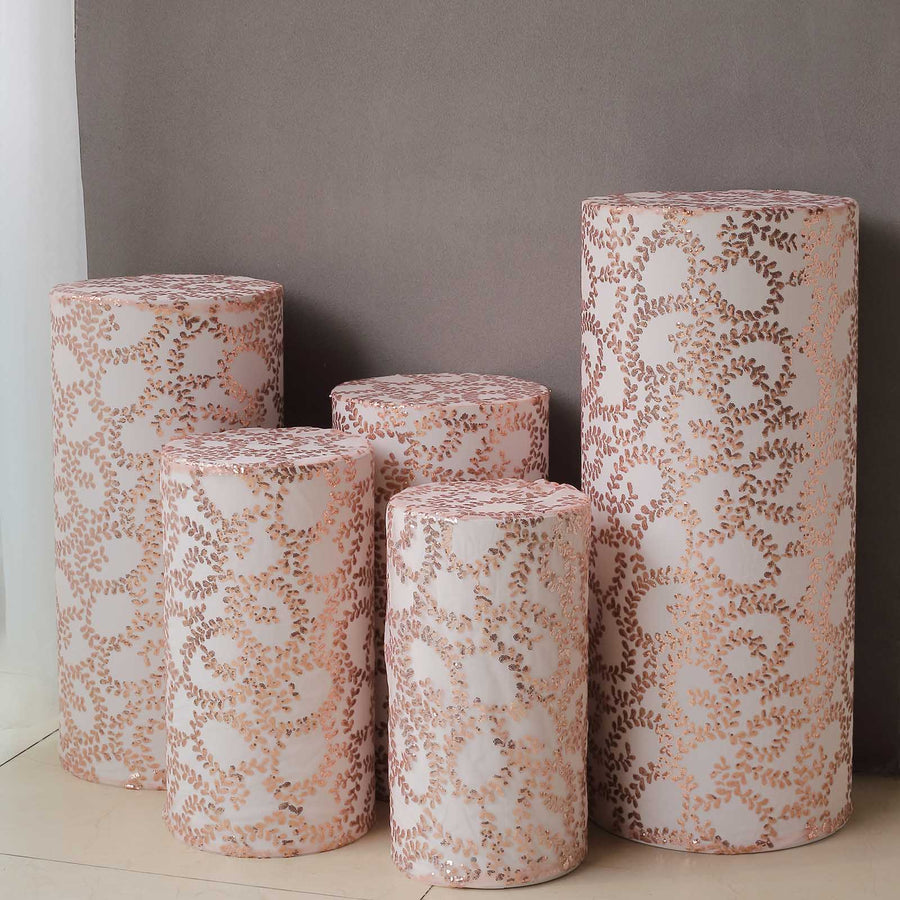Set of 5 Rose Gold Sequin Mesh Cylinder Pedestal Pillar Prop Covers with Leaf Vine Embroidery