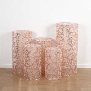 Elevate Your Event with Rose Gold Sequin Mesh Cylinder Pedestal Pillar Prop Covers