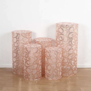 Elevate Your Event with Rose Gold Sequin Mesh Cylinder Pedestal Pillar Prop Covers Elevate Your Event with Rose Gold Sequin Mesh Cylinder Pedestal Pillar Prop Covers