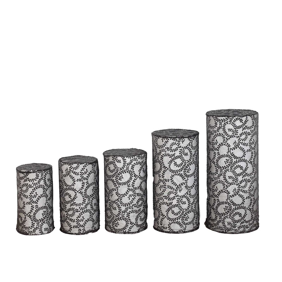 Set of 5 Black Sequin Mesh Cylinder Pedestal Pillar Prop Covers with Leaf Vine Embroidery#whtbkgd