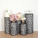 Set of 5 Black Sequin Mesh Cylinder Pedestal Pillar Prop Covers with Leaf Vine Embroidery