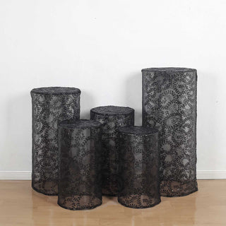 Elevate Your Event Decor with Black Sequin Mesh Cylinder Pedestal Covers