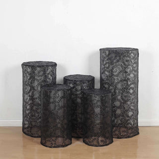 Elevate Your Event Decor with Black Sequin Mesh Cylinder Pedestal Covers Elevate Your Event Decor with Black Sequin Mesh Cylinder Pedestal Covers
