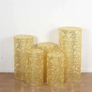 Elevate Your Event Decor with Gold Sequin Mesh Cylinder Covers Elevate Your Event Decor with Gold Sequin Mesh Cylinder Covers