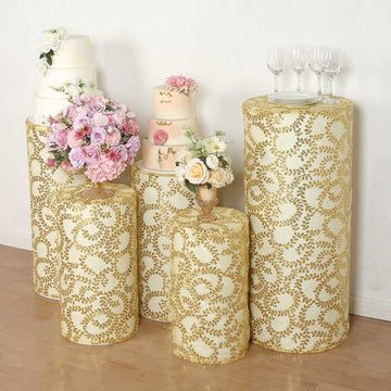 Set of 5 Gold Sequin Mesh Cylinder Pedestal Pillar Prop Covers with Leaf Vine Embroidery, Sparkly Sheer Tulle Display Box Stand Covers