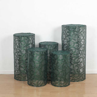 Elevate Your Event Decor with Emerald Green Sequin Mesh Cylinder Pedestal Covers