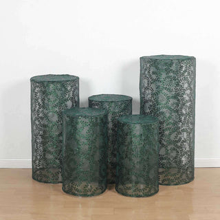 Elevate Your Event Decor with Emerald Green Sequin Mesh Cylinder Pedestal Covers Elevate Your Event Decor with Emerald Green Sequin Mesh Cylinder Pedestal Covers