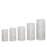 Set of 5 Silver Sequin Mesh Cylinder Pedestal Pillar Prop Covers with Leaf Vine Embroidery#whtbkgd