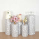 Set of 5 Silver Sequin Mesh Cylinder Pedestal Pillar Prop Covers with Leaf Vine Embroidery