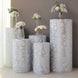 Set of 5 Silver Sequin Mesh Cylinder Pedestal Pillar Prop Covers with Leaf Vine Embroidery