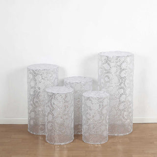 Elevate Your Event Decor with Silver Sequin Mesh Cylinder Pedestal Covers