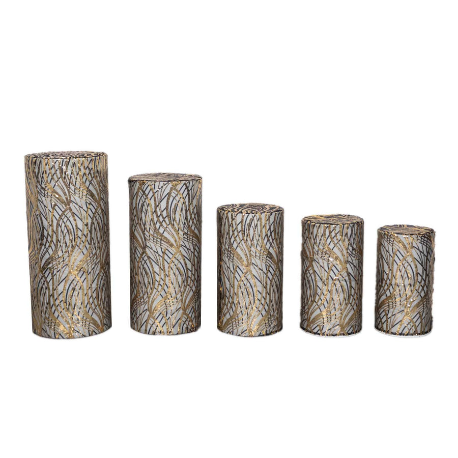 Set of 5 Black Gold Wave Mesh Cylinder Pedestal Prop Covers With Embroidered Sequins#whtbkgd