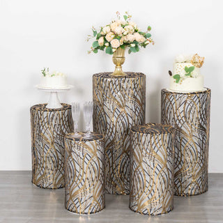 Create a Luxurious Atmosphere with Black Gold Wave Mesh Cylinder Pedestal Prop Covers