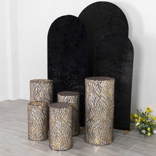 Elevate Your Event Decor with Black Gold Wave Mesh Cylinder Pedestal Prop Covers