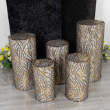 Set of 5 Black Gold Wave Mesh Cylinder Pedestal Prop Covers With Embroidered Sequins, Premium Pillar