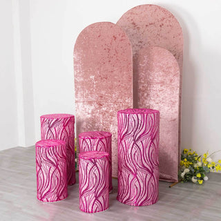 Elevate Your Event Decor with Fuchsia Silver Wave Mesh Cylinder Pedestal Prop Covers Elevate Your Event Decor with Fuchsia Silver Wave Mesh Cylinder Pedestal Prop Covers