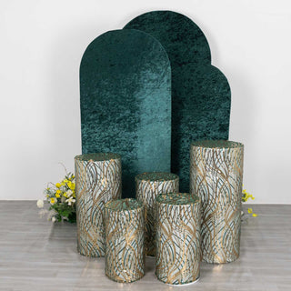Elevate Your Event Decor with Hunter Green Wave Mesh Cylinder Pedestal Prop Covers