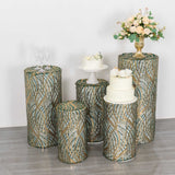 Set of 5 Hunter Green Wave Mesh Cylinder Pedestal Prop Covers With Gold Embroidered Sequins, Premium