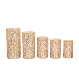 Set of 5 Rose Gold Wave Mesh Cylinder Pedestal Prop Covers With Gold Embroidered Sequins#whtbkgd
