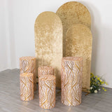 Set of 5 Rose Gold Wave Mesh Cylinder Pedestal Prop Covers With Gold Embroidered Sequins, Premium
