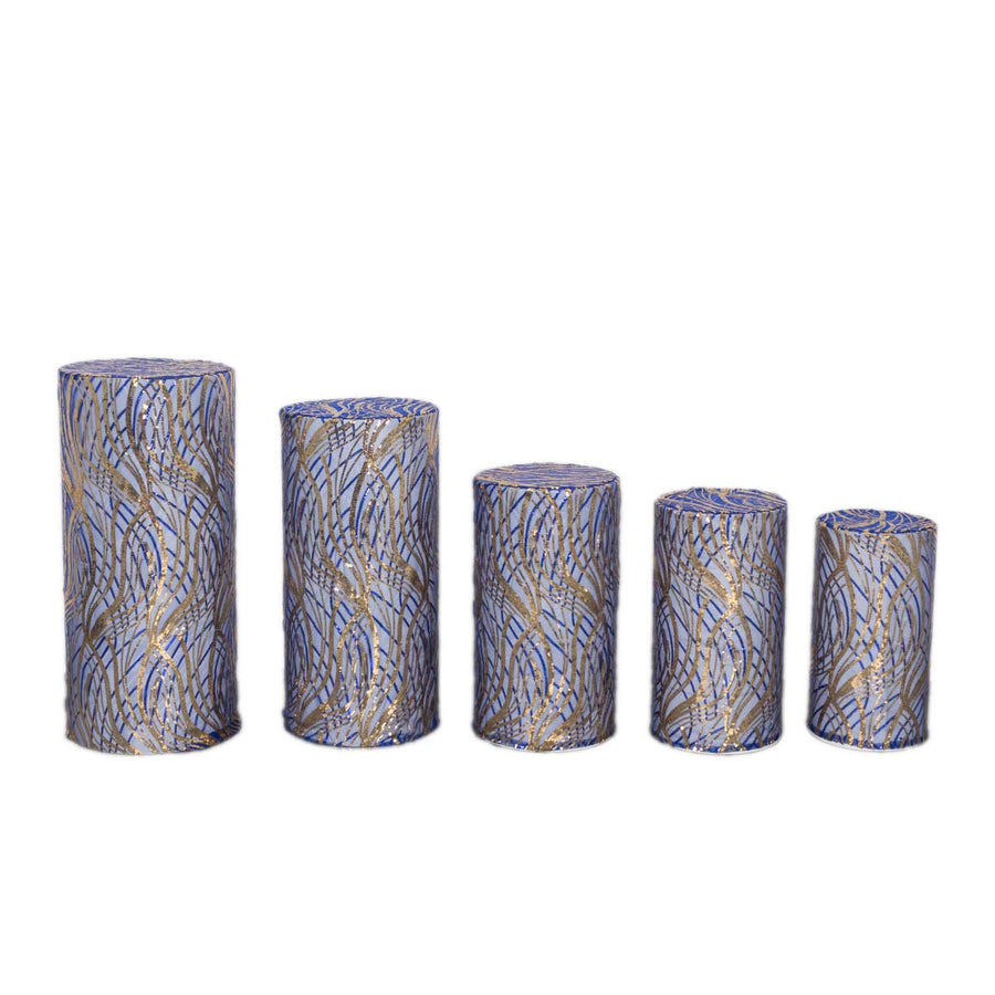 Set of 5 Royal Blue Gold Wave Mesh Cylinder Pedestal Prop Covers With Embroidered Sequins#whtbkgd