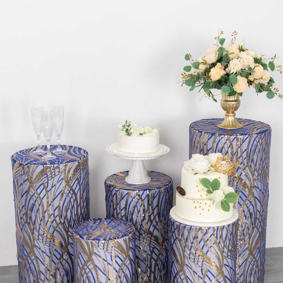 Set of 5 Royal Blue Gold Wave Mesh Cylinder Pedestal Prop Covers With Embroidered Sequins, Premium