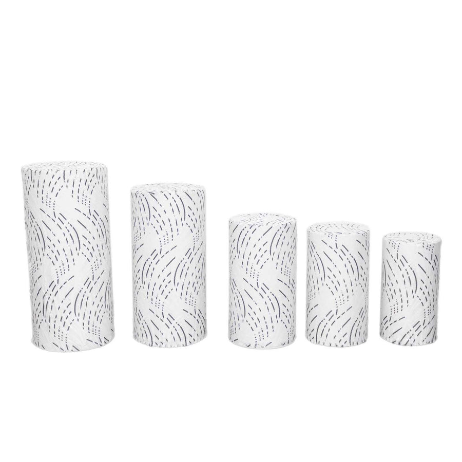 Set of 5 White Black Wave Mesh Cylinder Pedestal Prop Covers With Embroidered Sequins#whtbkgd