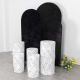 Set of 5 White Black Wave Mesh Cylinder Pedestal Prop Covers With Embroidered Sequins Premium Pillar