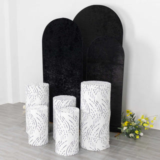 Elevate Your Event Decor with White Black Wave Mesh Cylinder Pedestal Prop Covers