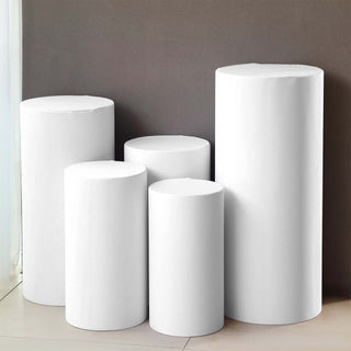 Elevate Your Wedding Decor with White Cylinder Stretch Fitted Pedestal Pillar Prop Covers Elevate Your Wedding Decor with White Cylinder Stretch Fitted Pedestal Pillar Prop Covers