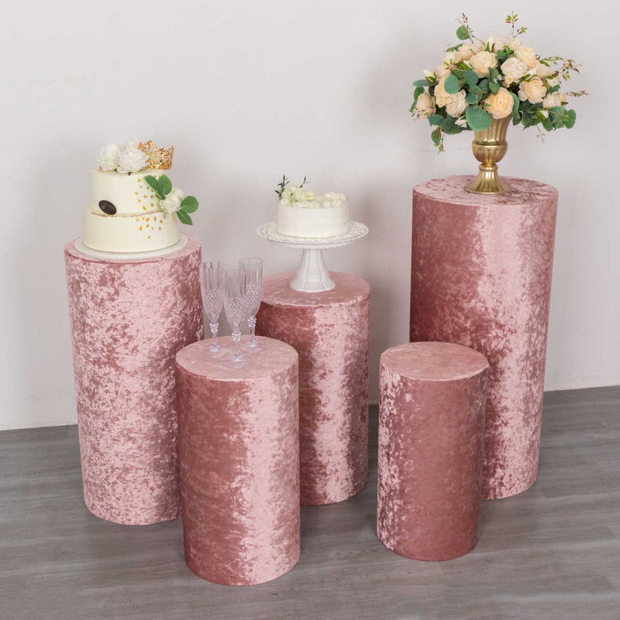 Set of 5 Dusty Rose Crushed Velvet Cylinder Pillar Prop Covers, Premium Pedestal Plinth Display Box 