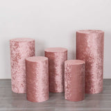 Set of 5 Dusty Rose Crushed Velvet Cylinder Pillar Prop Covers, Premium Pedestal Plinth Display Box 
