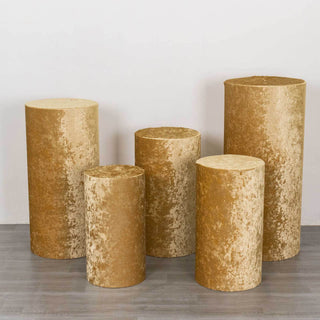 Elevate Your Event Decor with Champagne Crushed Velvet Cylinder Pillar Prop Covers Elevate Your Event Decor with Champagne Crushed Velvet Cylinder Pillar Prop Covers