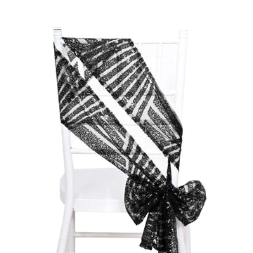 5 Pack Black Geometric Diamond Glitz Sequin Chair Sashes - 6"x 88"