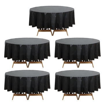 5 Pack Black Round Waterproof Plastic Tablecloths, 84" Disposable Table Covers