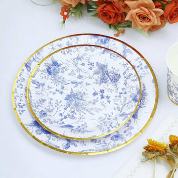 25 Pack 9" Blue Chinoiserie Floral Disposable Dinner Plates with Gold Rim, Round Paper Party Plates