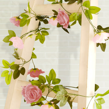 2 Pack 7ft Blush Dusty Rose Artificial Silk Flower Garland Mini Rose Vines with 26 Flower Heads