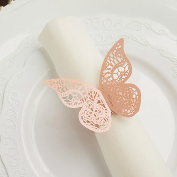 12 Pack Blush Shimmery Laser Cut Butterfly Paper Chair Sash Bows, Napkin Rings, Serviette Holders