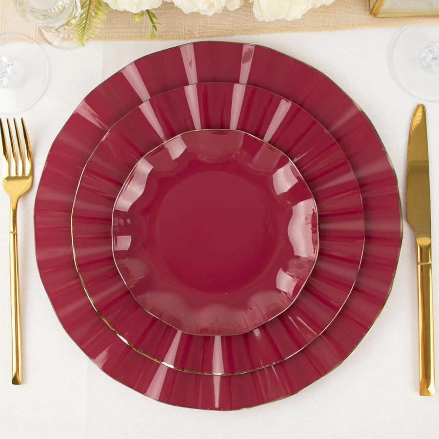 Burgundy Heavy Duty Disposable Salad Plates with Gold Ruffled Rim, Disposable Dessert Dinnerware