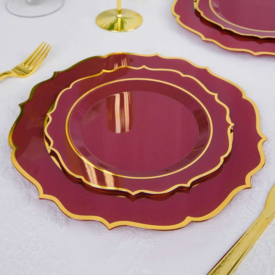 8inch Burgundy Plastic Dessert Salad Plates, Disposable Tableware Round With Gold Scalloped Rim