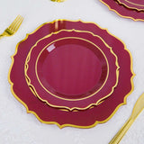 8inch Burgundy Plastic Dessert Salad Plates, Disposable Tableware Round With Gold Scalloped Rim