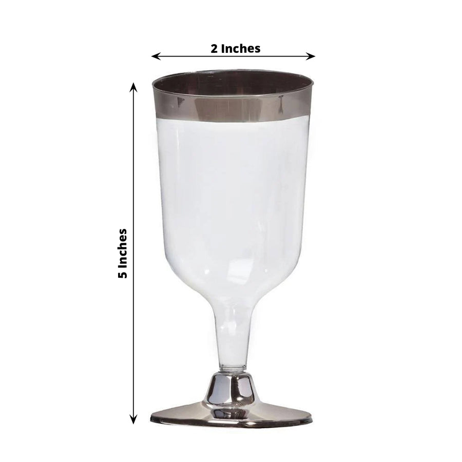 12 Pack | 6oz Chrome Silver Rim Clear Plastic Short Stem Wine Glasses, Disposable Party Cups